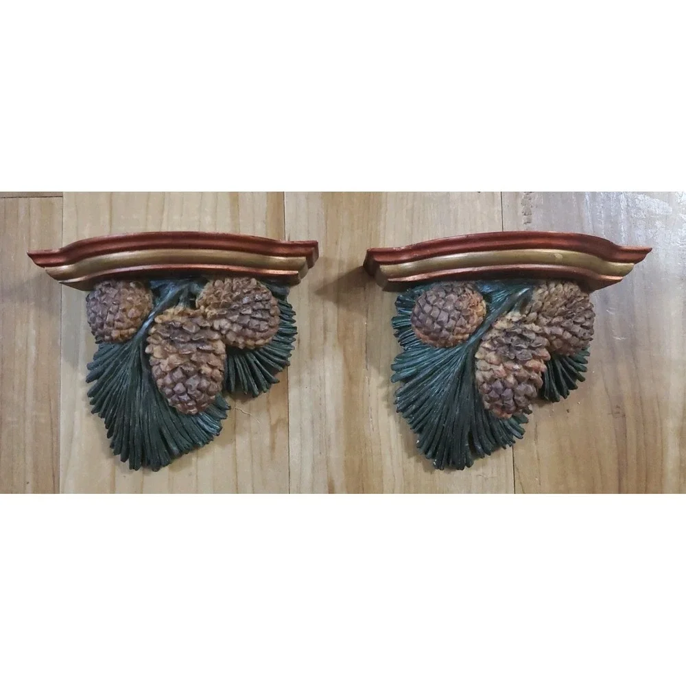 Vintage Pinecone & Needle Wall Sconce Display Shelves Set Woodland Forest Cabin